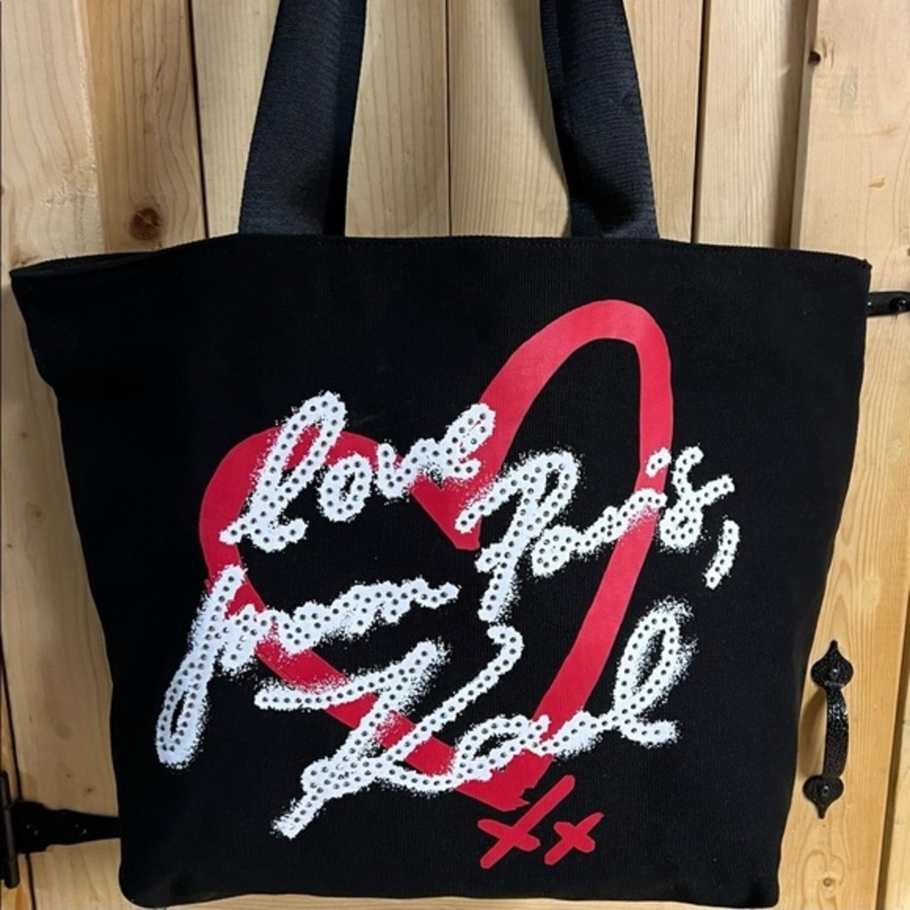 Karl Lagerfeld Paris Women Black Red Kristen Heart Canvas Tote Bag NWT $98